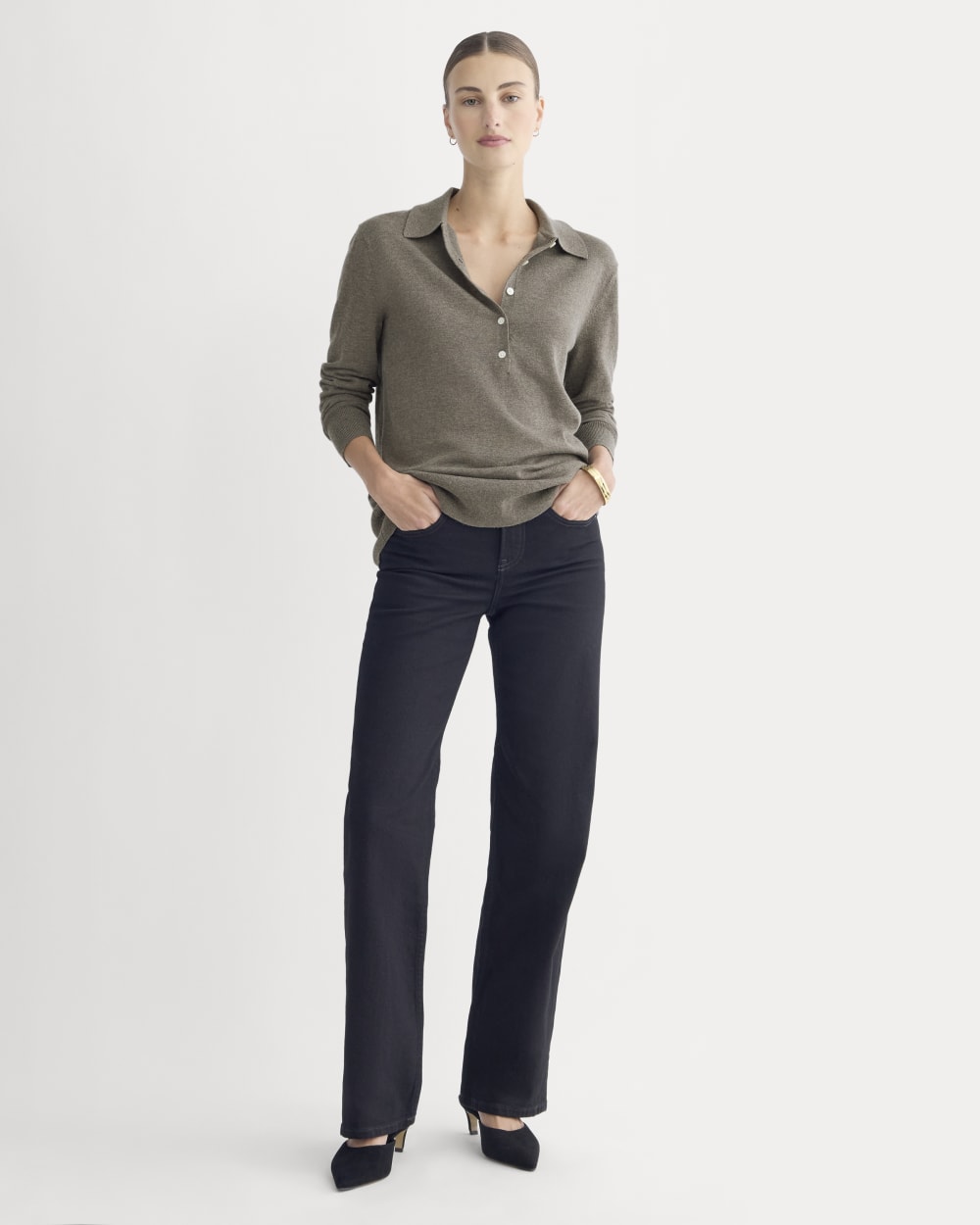 Oversized Polo Sweater in Cotton Merino | Heather Ash Taupe - Image 3