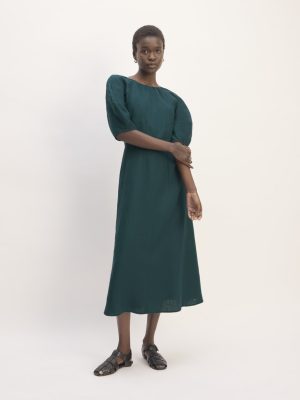 The Linen Short-Sleeve Scoop Midi Dress | Dark Sea