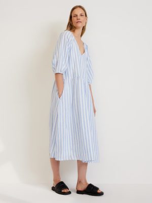 The Linen Oversized Puff-Sleeve Dress | Blue / White