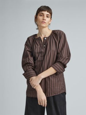 The Silky Cotton Balloon Sleeve Top | Chocolate Brown / Black