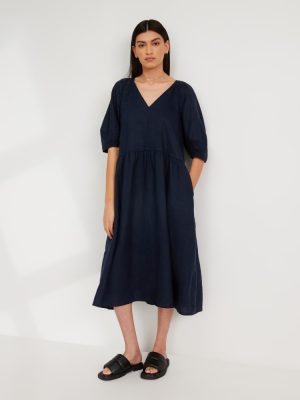 The Linen Oversized Puff-Sleeve Dress | Navy