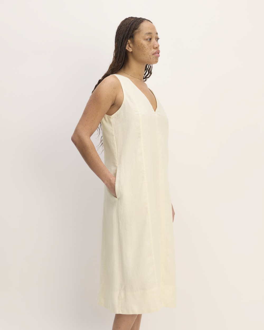 The Linen V-Neck Midi Dress | Bone - Image 3