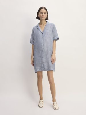 The Shirtdress in Linen | White / Blue