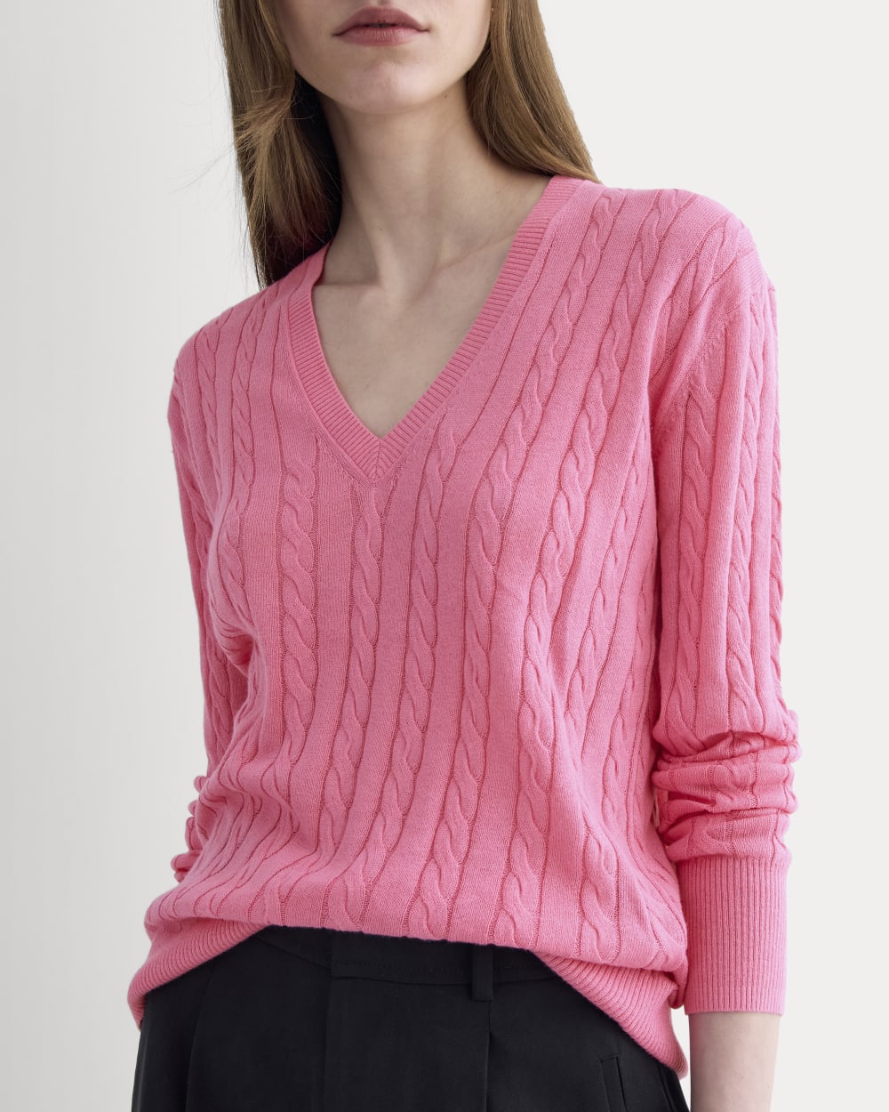 The Cable V-Neck in Cotton Cashmere | Deep Pink - Image 4