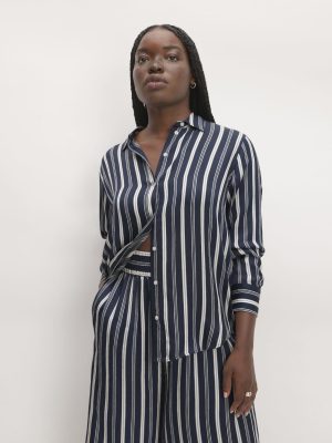 The Satin Relaxed Shirt | Navy / Bone