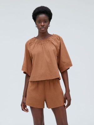 The Seersucker Gathered Tee | Tawny Brown