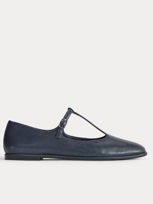 The Leather T-Strap Flat | Navy