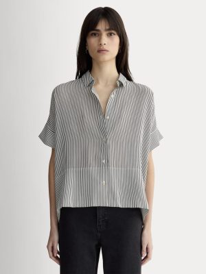 The Boxy Shirt in Washable Silk | Black Micro Stripe