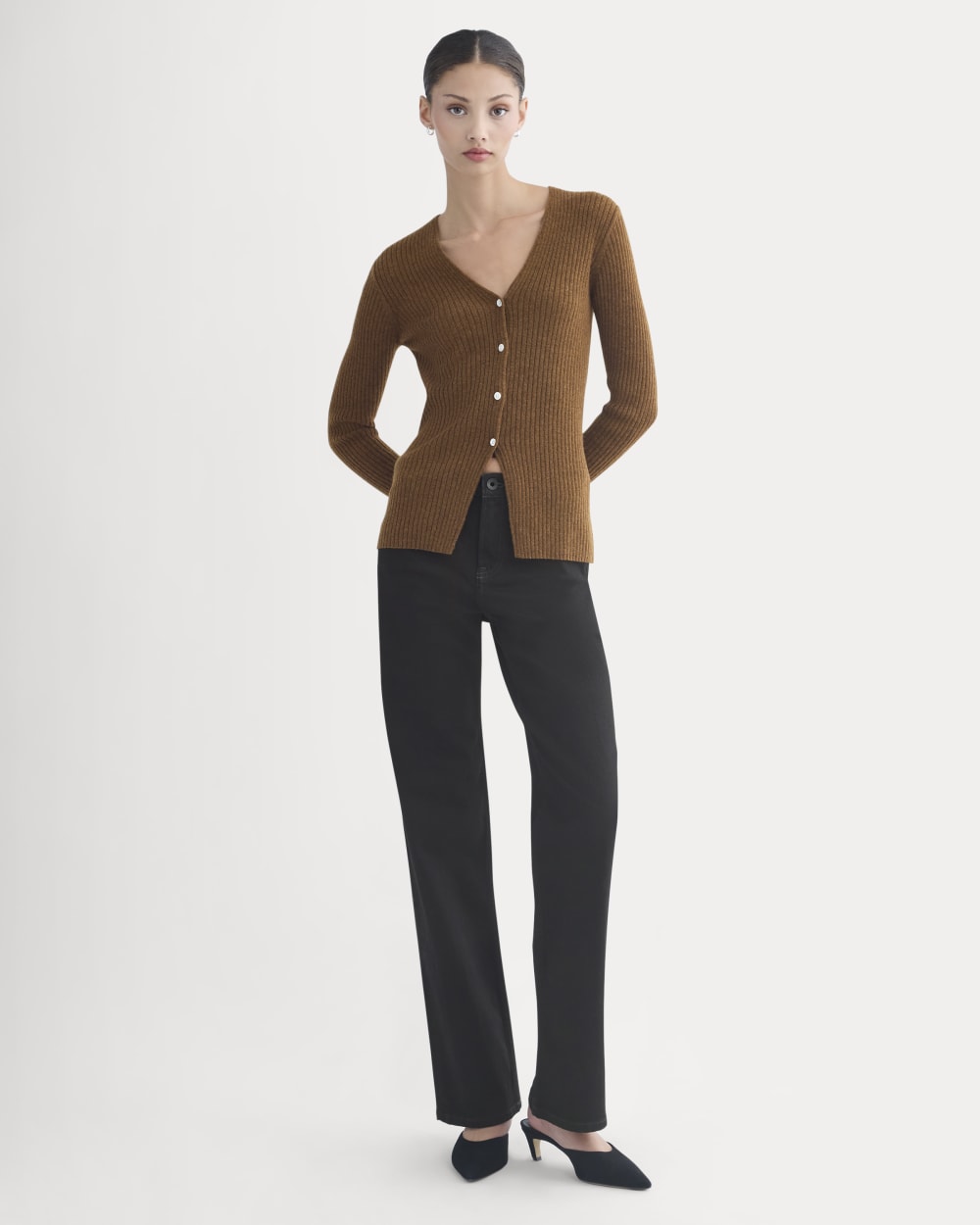 Cashmere Ribbed V-Neck Cardigan | Heathered Toffee - Image 3