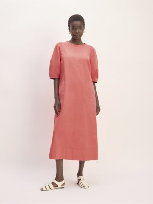 The Short-Sleeve Puff Midi Dress | Coral