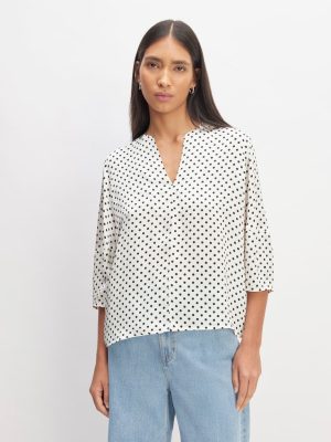 The Hammered Satin Balloon Sleeve Top | Bone / Black Polka Dot