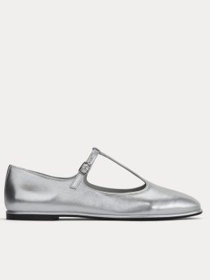 The Leather T-Strap Flat | Silver