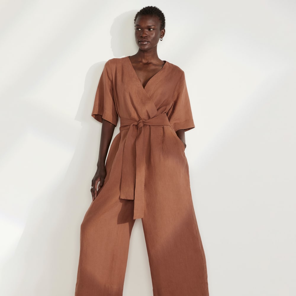 The Wrap Jumpsuit in Linen | Carob Brown - Image 5