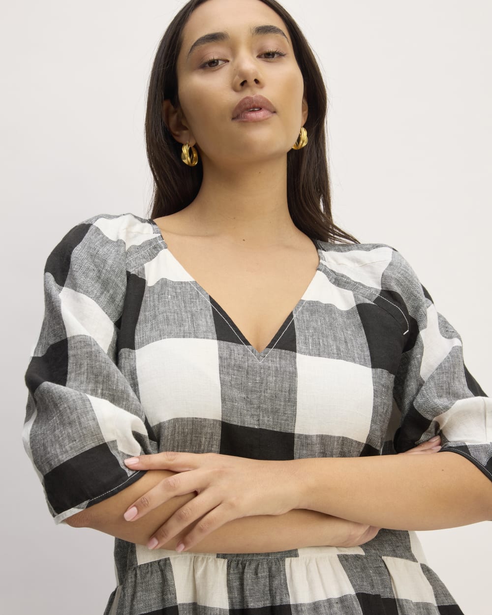 The Linen Oversized Puff-Sleeve Dress | Bone / Black Check - Image 4
