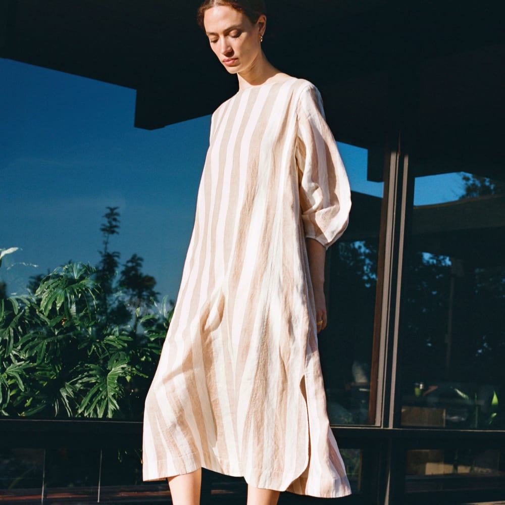 The Linen A-Line Midi Dress | Bone / Caramel - Image 2