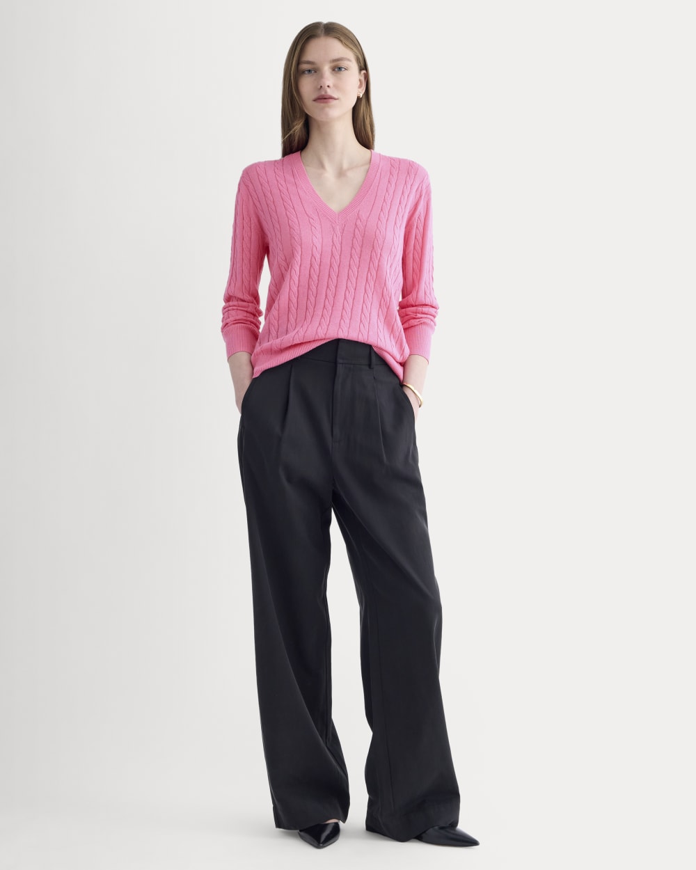 The Cable V-Neck in Cotton Cashmere | Deep Pink - Image 3