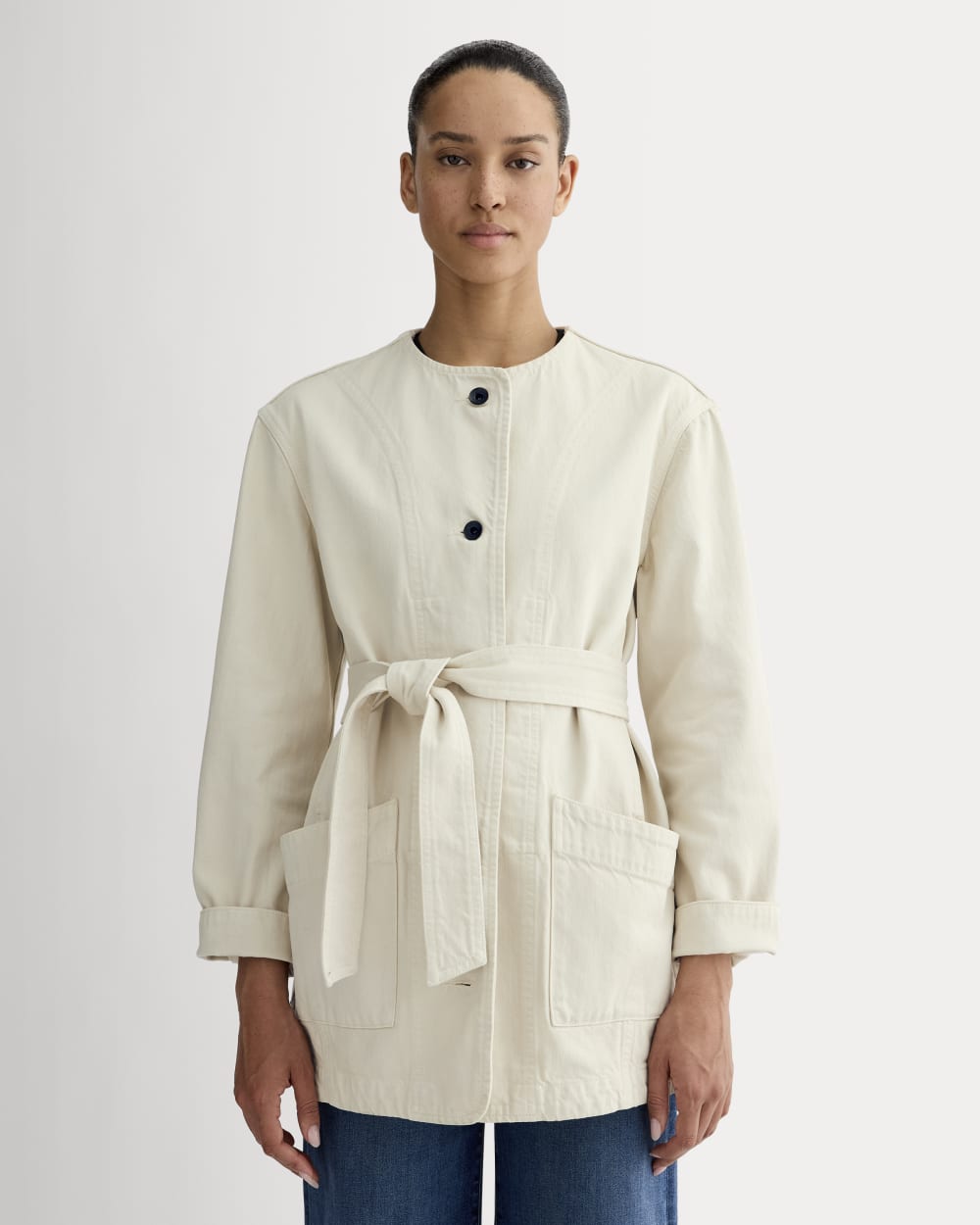 The Long Denim Barrel Jacket | Garment-Dyed Sand