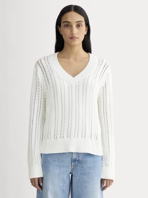 The Mesh Cable V-Neck in Everyday Cotton | White