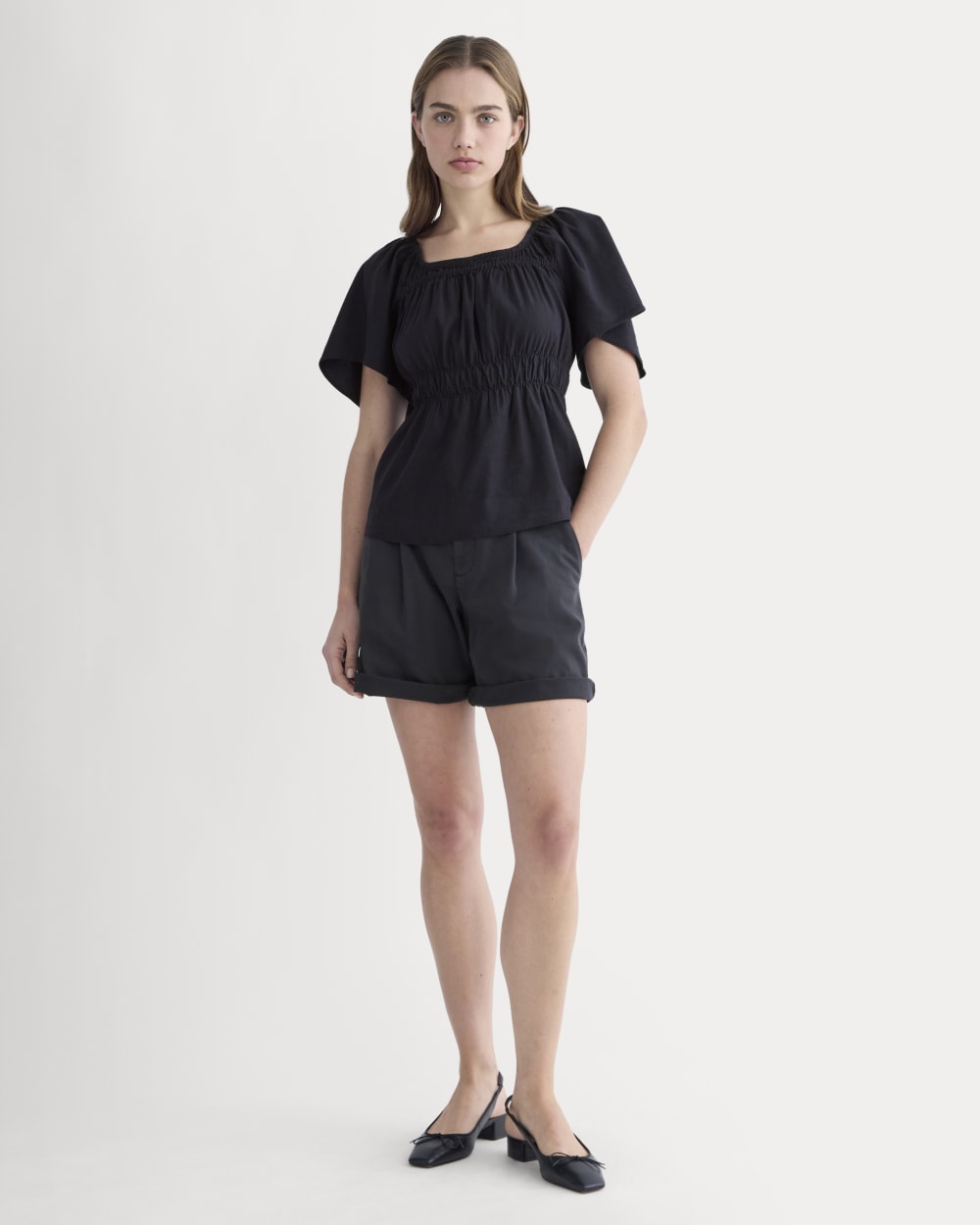 The Flutter-Sleeve Top in Stretch Linen | Black - Image 3
