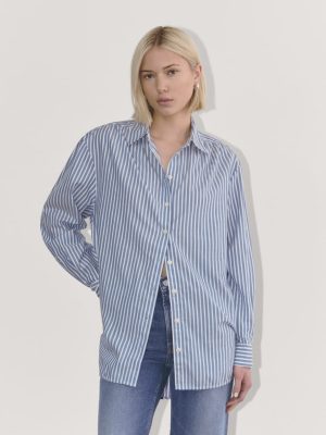 The Gathered Shirt in Silky Cotton | Bone / Mazarine Blue
