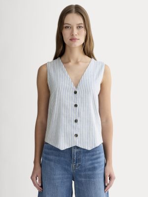 The Vest in Stretch Linen | Bluebell / Bone