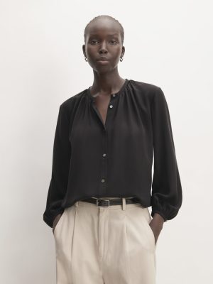 The Washable Clean Silk Shirred Blouse | Black