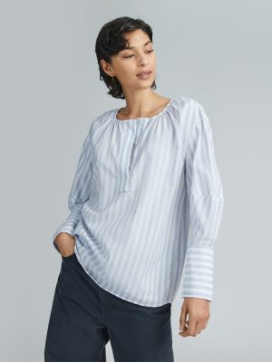 The Silky Cotton Balloon Sleeve Top | Periwinkle / White