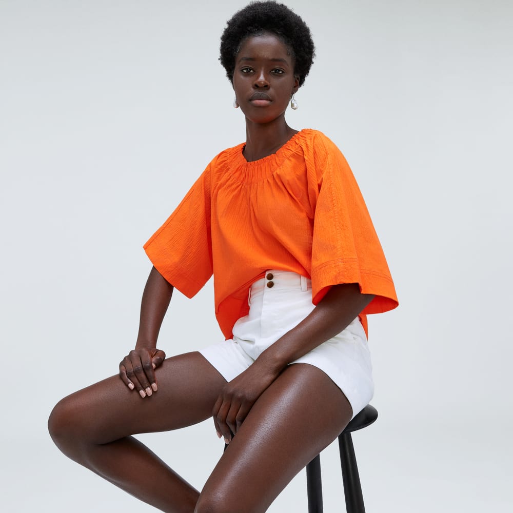 The Seersucker Gathered Tee | Bright Orange - Image 4