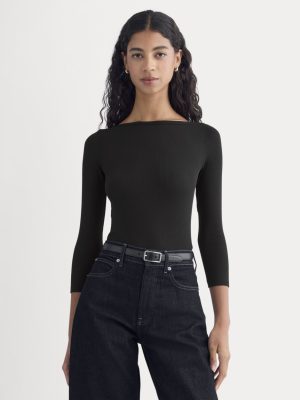 Luxe Rib 3/4 Sleeve Boatneck Tee | Black
