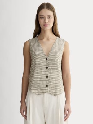 The Vest in Stretch Linen | Deep Taupe Mini Gingham