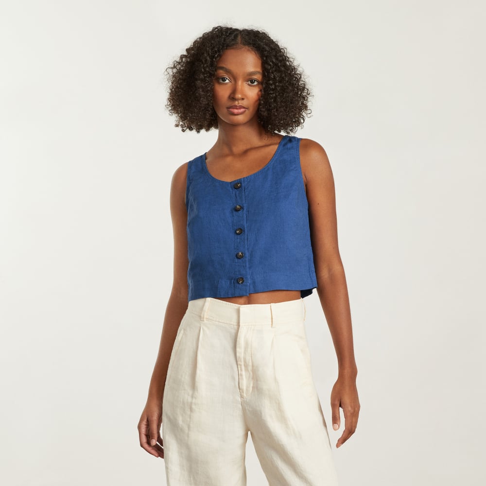 The Linen Button-Front Crop Tank | Deep Blue - Image 2