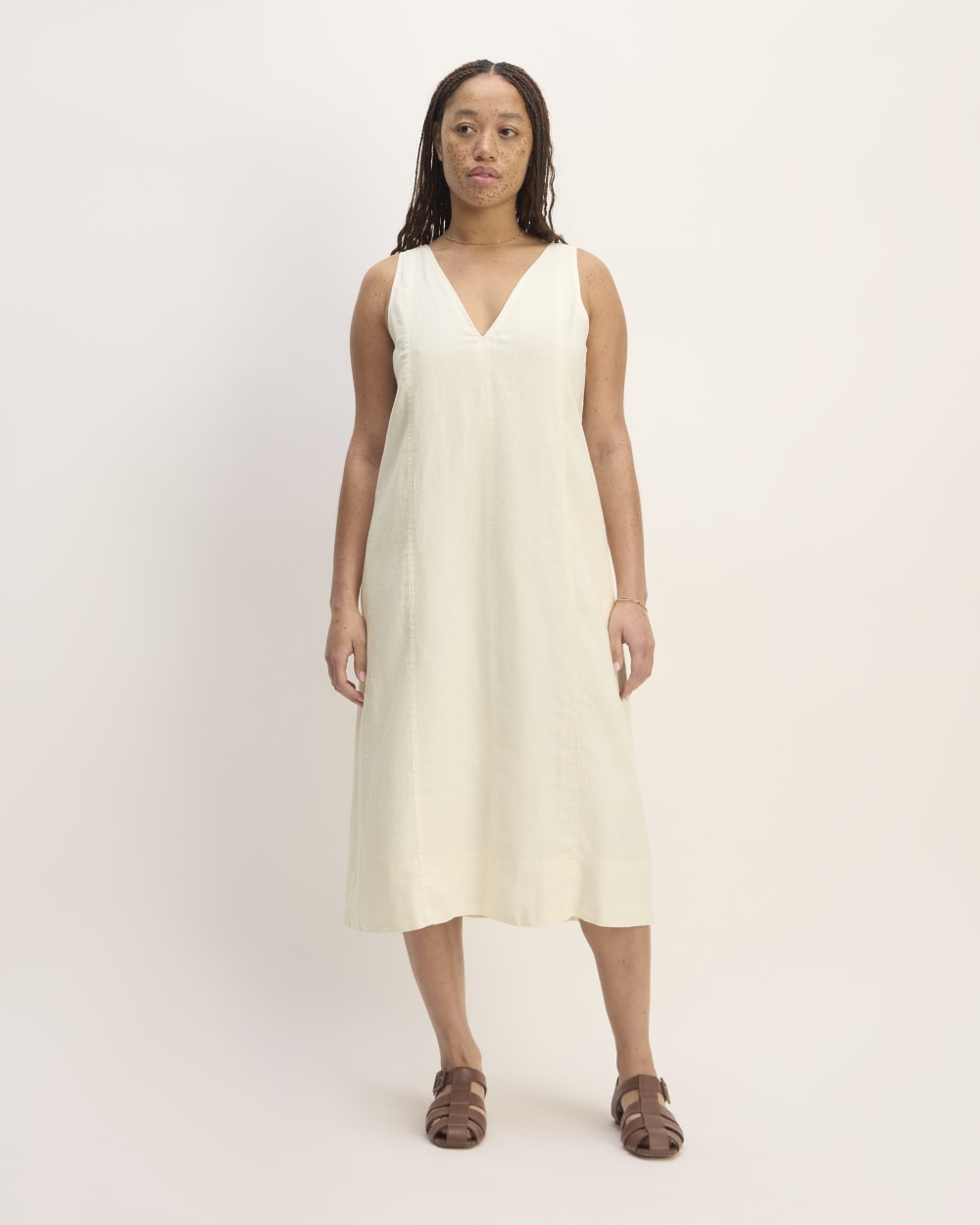 The Linen V-Neck Midi Dress | Bone