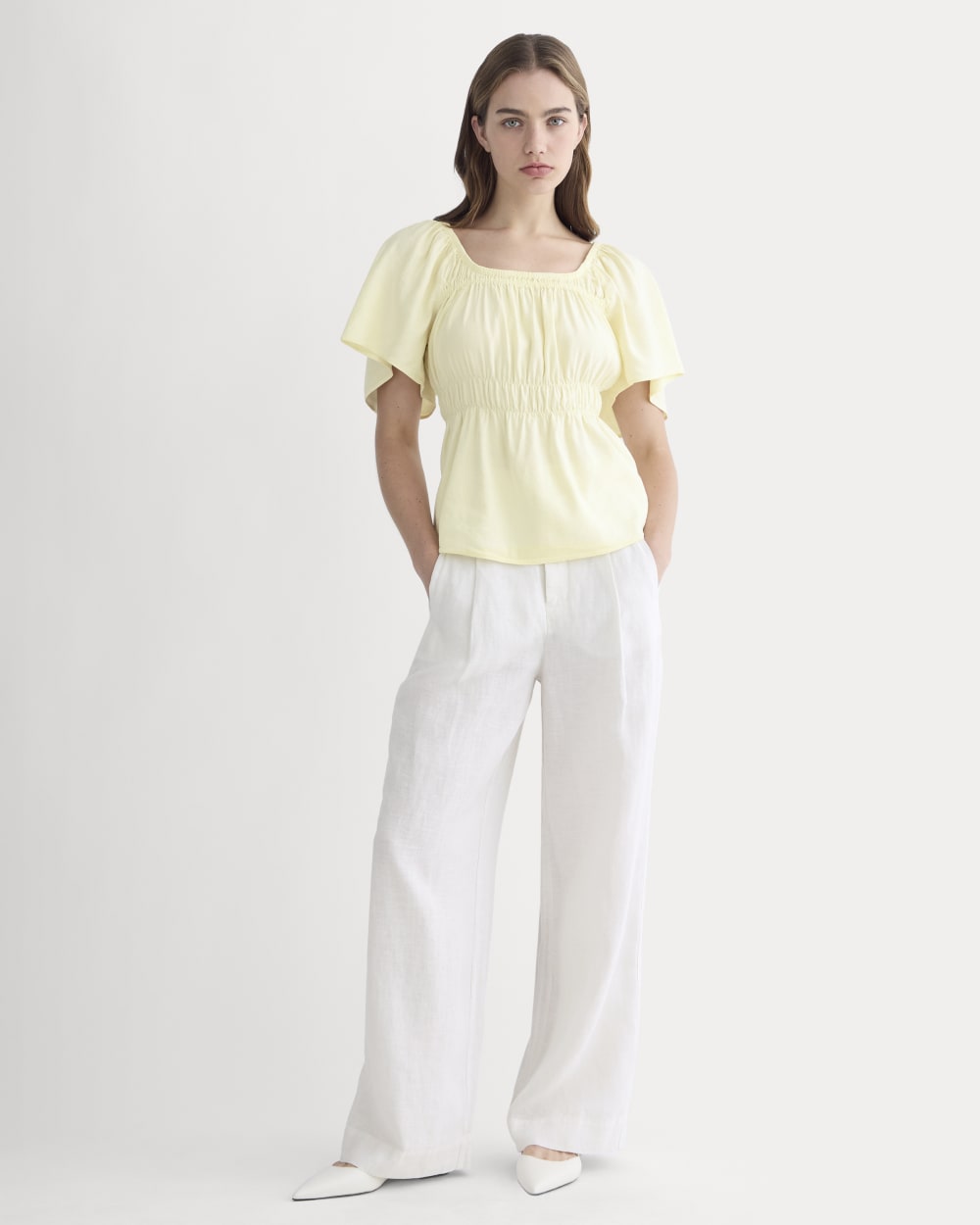The Flutter-Sleeve Top in Stretch Linen | Light Yellow - Image 3