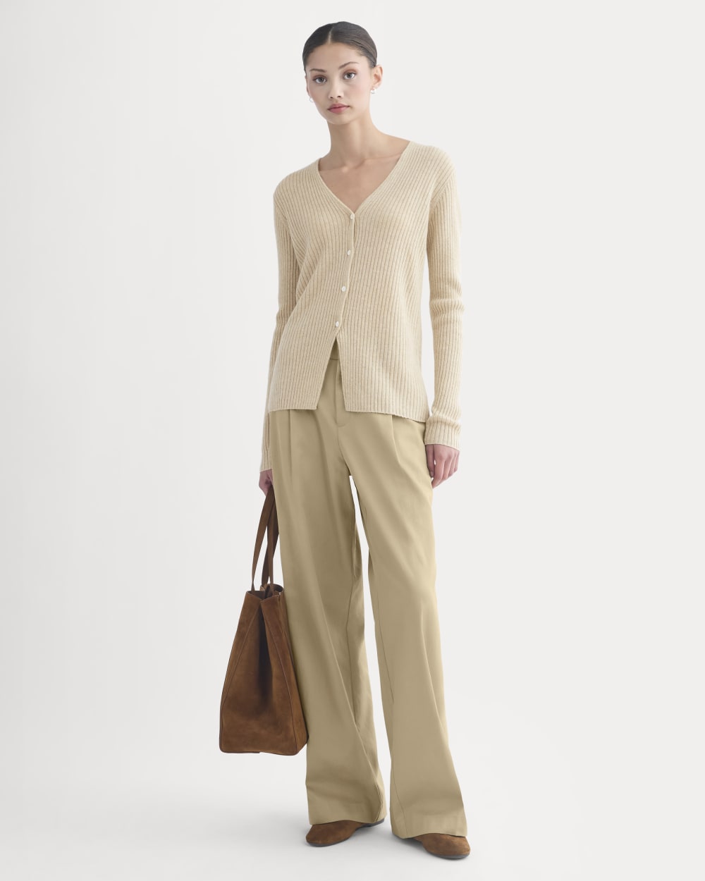 Cashmere Ribbed V-Neck Cardigan | Heather Light Camel - Image 3