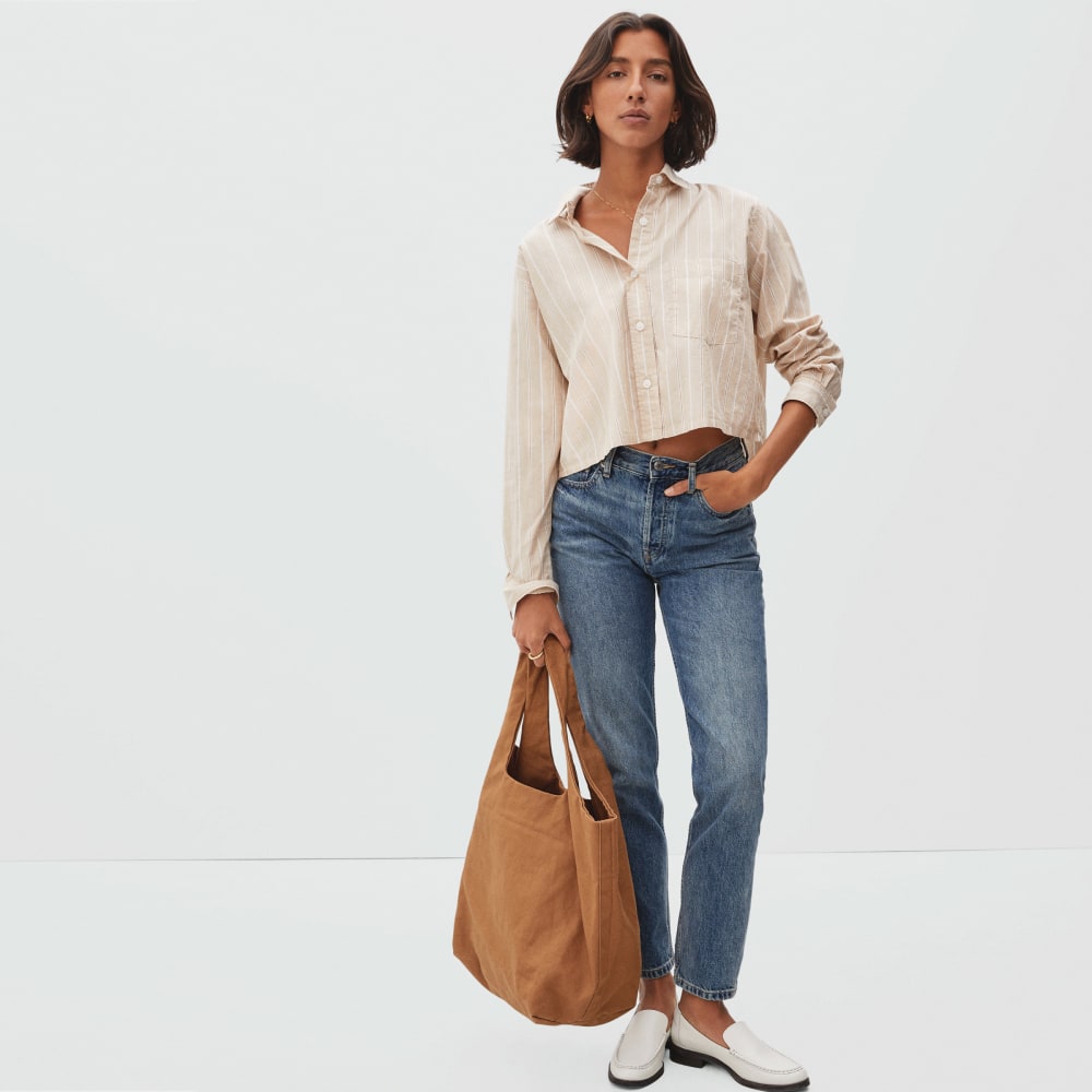 The Way-Short Shirt in Silky Cotton | Golden Brown / White - Image 5