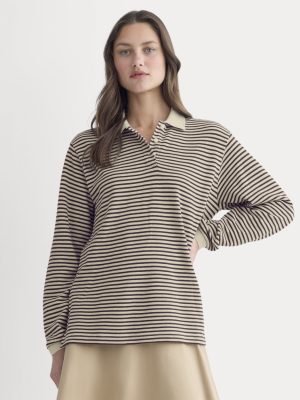Oversized Pique Polo | Dusty Beige/Deep Plum Stripe