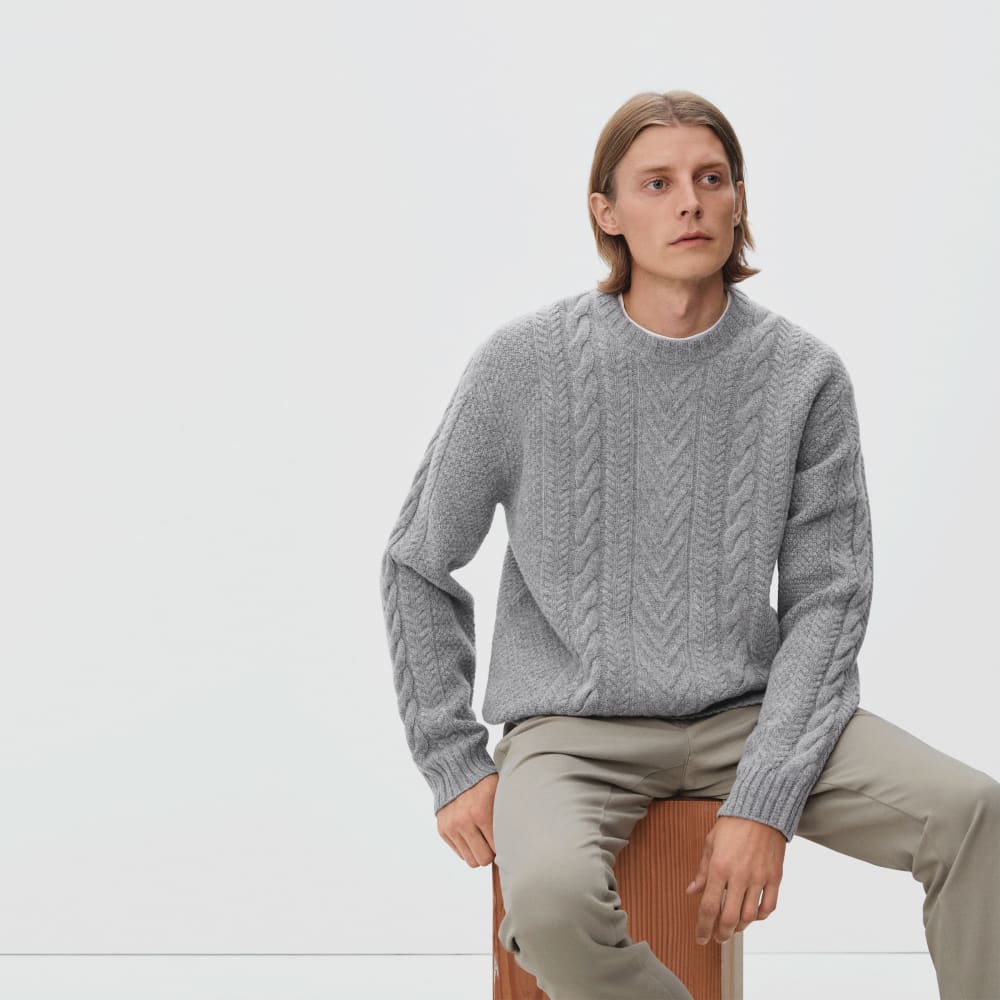 The Felted Merino Cable-Knit Crew | Heathered Mid-Grey - Image 3