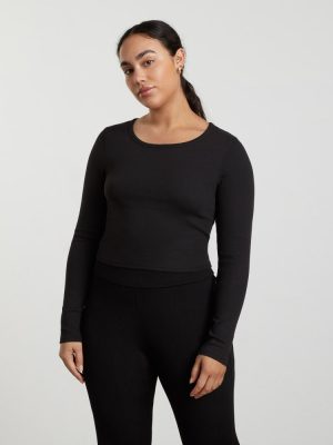 The Pima Micro-Rib Cropped Long-Sleeve Crew | Black