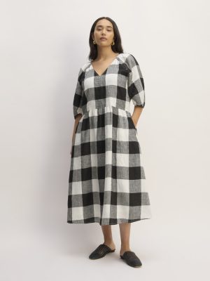 The Linen Oversized Puff-Sleeve Dress | Bone / Black Check