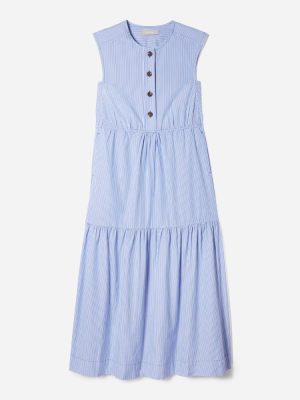 The Tiered Midi Dress | White / Blue Mini Stripe