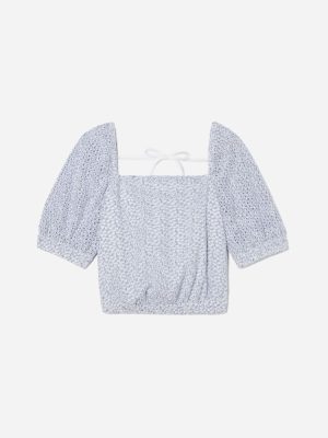 The Eyelet Puff Sleeve Top | Deep Blue / White