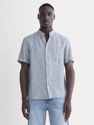 The Classic Short-Sleeve Shirt in Linen | White / Blue