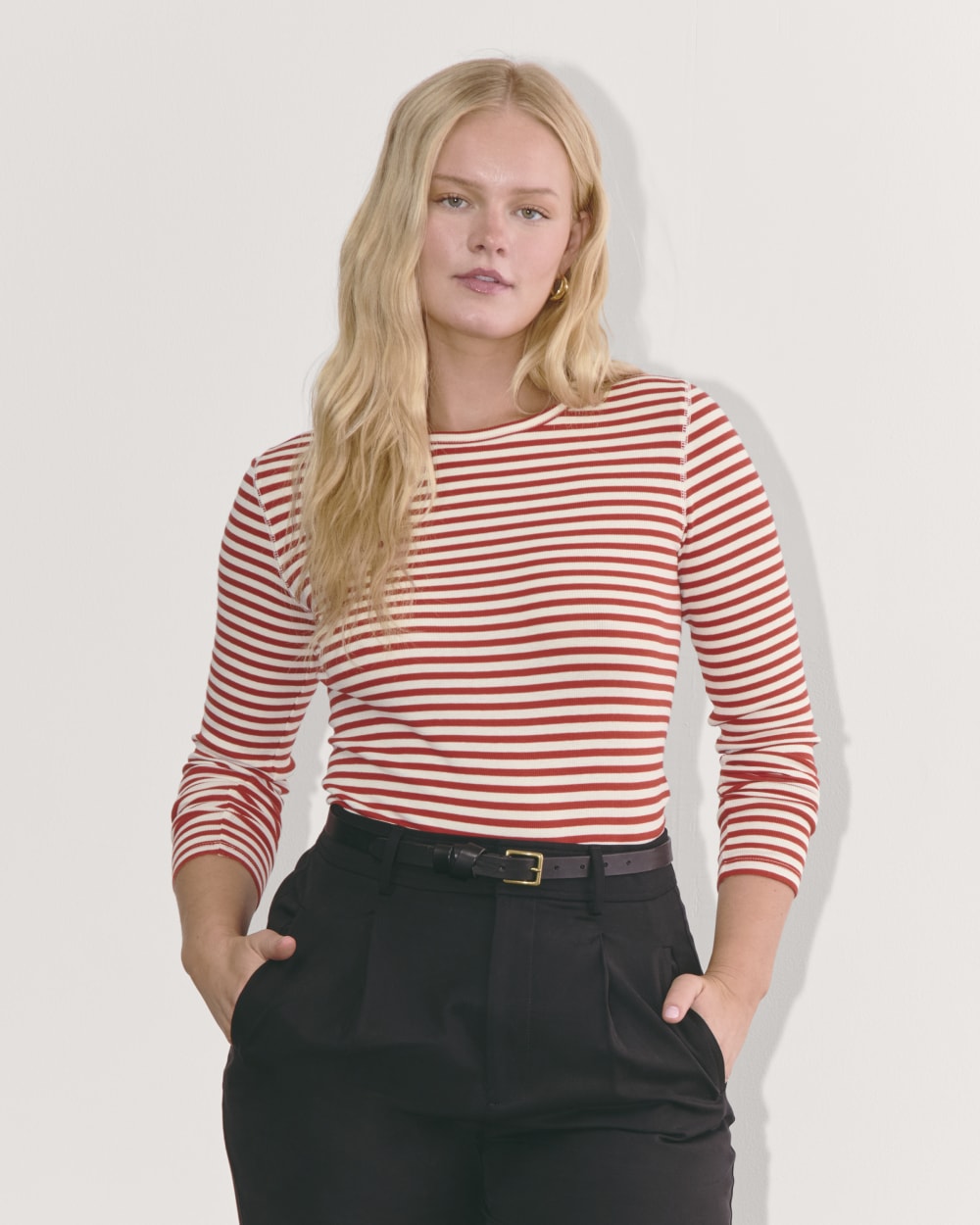 The Luxe Rib Long-Sleeve Crew | Bone / Berry Red